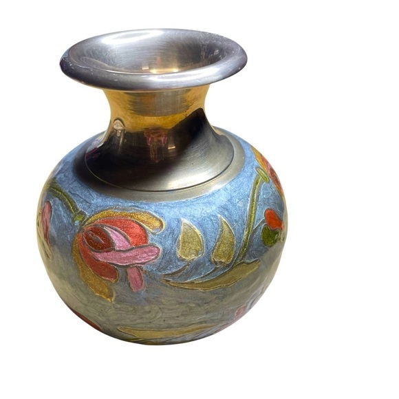 Brass Vase Vintage Enameled Hand Painted Floral India 5”T x 2.5”W x 14”D - Picture 4 of 6